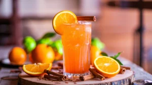 Vibrant orange mocktail with cinnamon and orange garnish