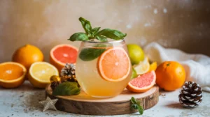 A citrus basil spritz with grapefruit slices and basil leaves in a clear glass.