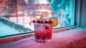 Sparkling red mocktail with fresh cranberries and lime, with a soft winter background