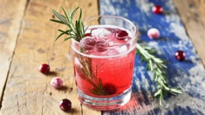 A cranberry rosemary spritzer in a clear glass with festive garnishes on a wooden table.