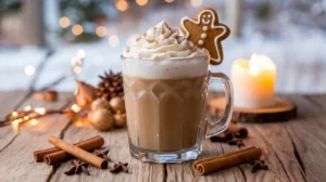 A gingerbread latte mocktail with whipped cream and a gingerbread cookie, surrounded by holiday spices.