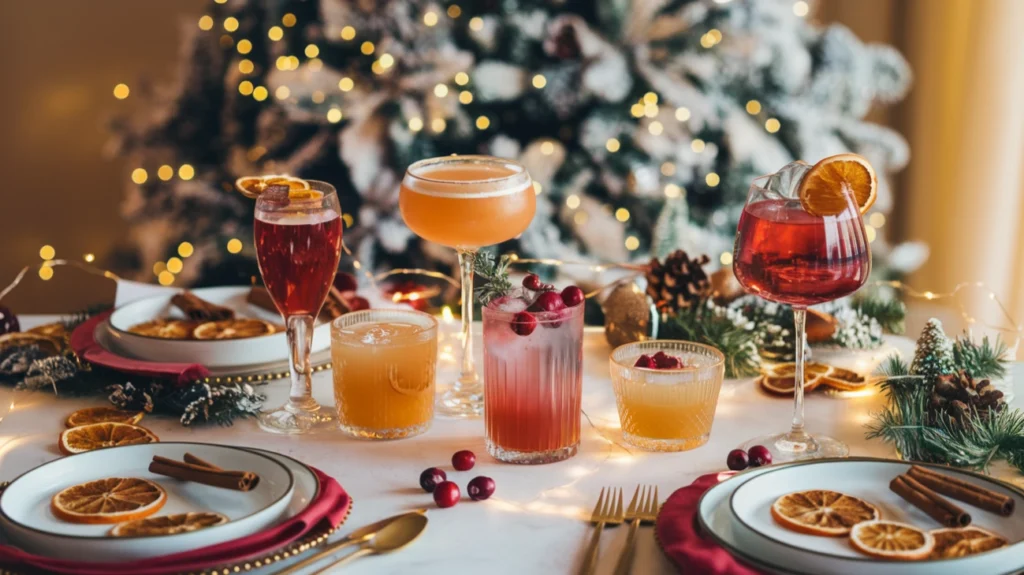 A holiday mocktail spread with elegant glasses, festive garnishes, and Christmas decorations in a warm, cozy setting.