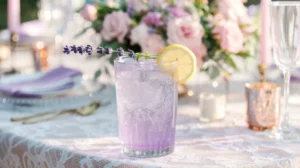 A tall glass of lavender lemonade with a soft purple hue, topped with sparkling water bubbles, garnished with a fresh sprig of lavender and a lemon slice. The glass rests on a white lace tablecloth, with a blurred wedding table setting featuring flowers and candles in the background, illuminated by gentle sunlight. 