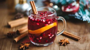 A glass mug of mulled pomegranate cider garnished with holiday spices and orange peel.