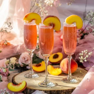 A vibrant Peach Bellini Mocktail served in elegant champagne flutes, featuring a rich orange-pink hue. Each flute is filled with sparkling bubbles and garnished with a fresh peach slice on the rim