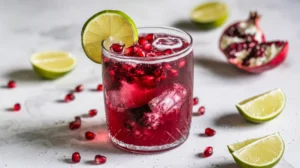 A pomegranate lime cooler with lime slices and pomegranate seeds in a frosty glass.