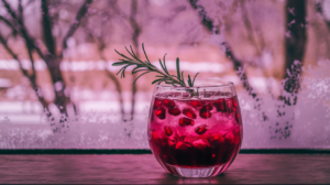 Elegant pomegranate mocktail with rosemary garnish and winter backdrop