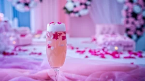 A delicate rose-infused mocktail in a champagne flute, topped with edible rose petals and sparkling water