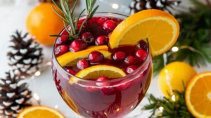 A sparkling cranberry punch in a glass punch bowl, garnished with cranberries and orange slices.