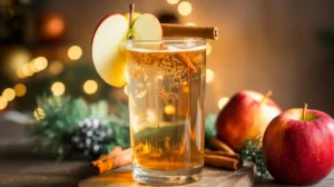 A spiced apple fizz mocktail with a cinnamon stick and apple slice garnish, surrounded by festive accents.