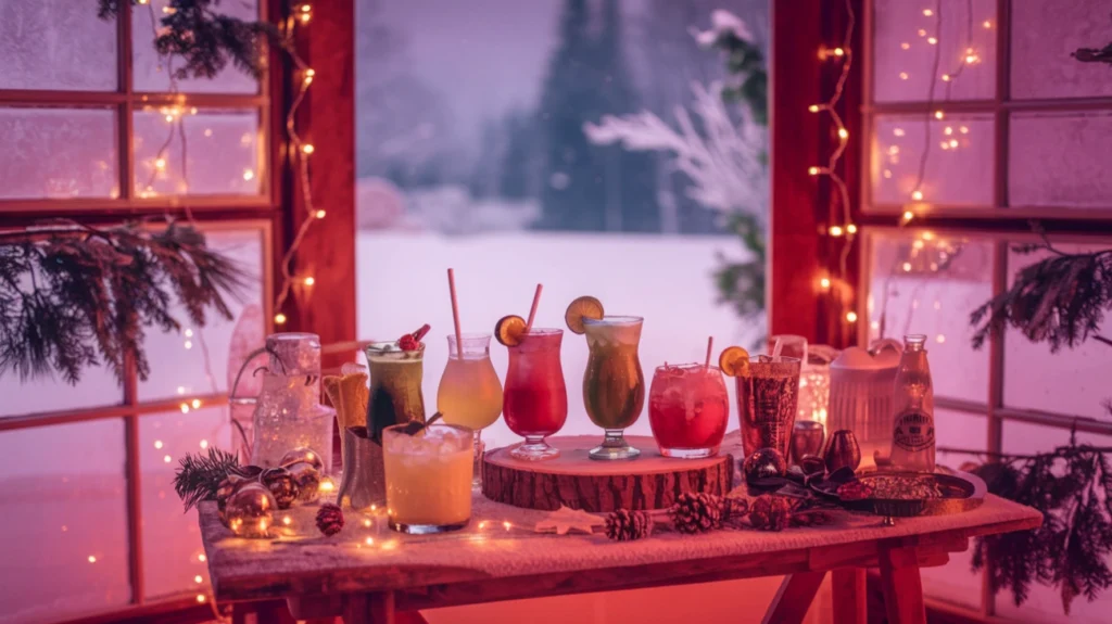 Festive winter mocktails displayed on a wooden table with soft lighting and winter decorations