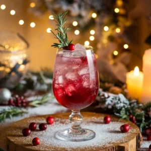 An Easy Holiday Sparkler mocktail garnished with rosemary and cranberries, set on a festive wooden table with holiday accents.