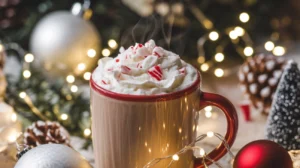 A peppermint hot cocoa topped with whipped cream and crushed candy, surrounded by festive holiday decorations.